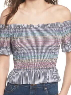 Wayf Black-and-White Striped Smocked Crop Top with Rainbow Stitching